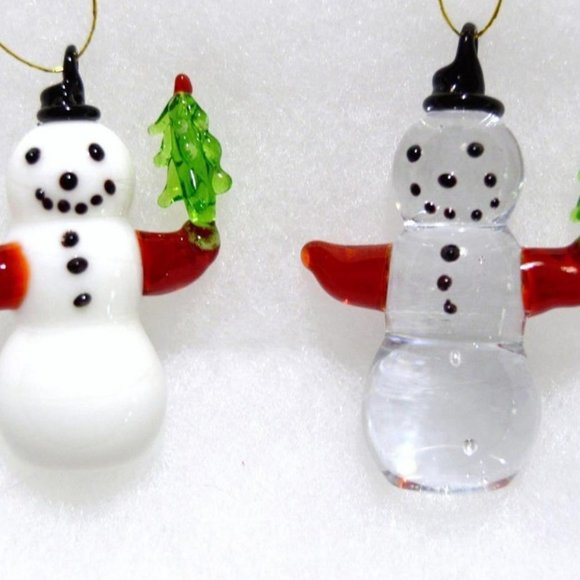 Vintage NEW hand blown 2" glass snowman w/tree Christmas Ornament pair - Picture 1 of 3